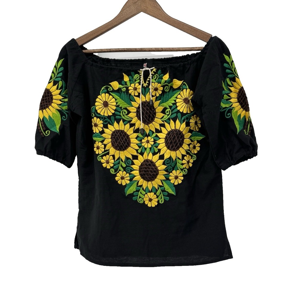 Mexican‎ floral hand embroidery blk sunflower huipil blouse tunic cinco de mayo